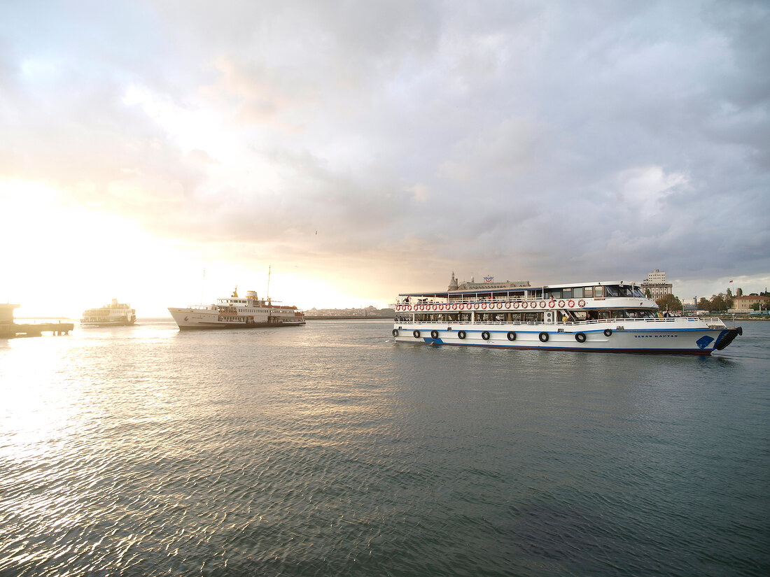 Ferryboat in Bosphorus at dusk in Istanbul, Turkey