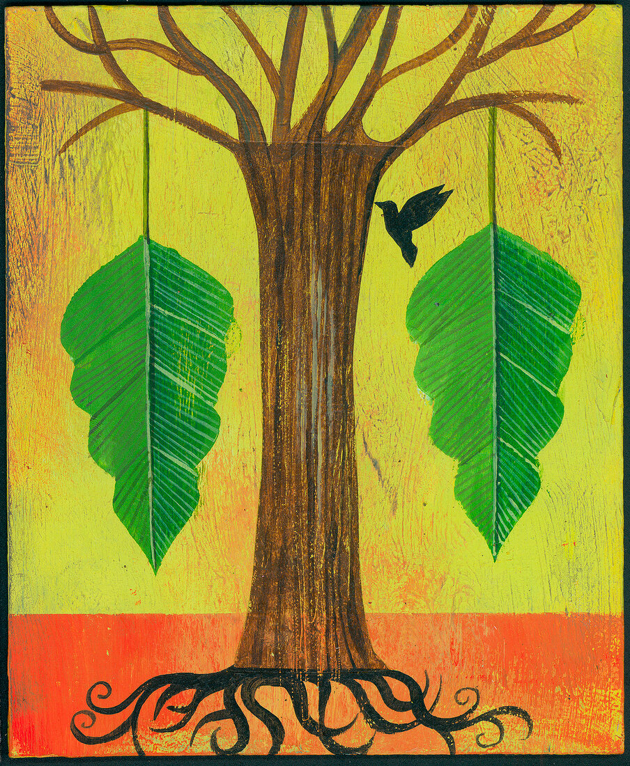 Illustration two large leaves hanging on either side of tree symbolizing zodiac sign Libra