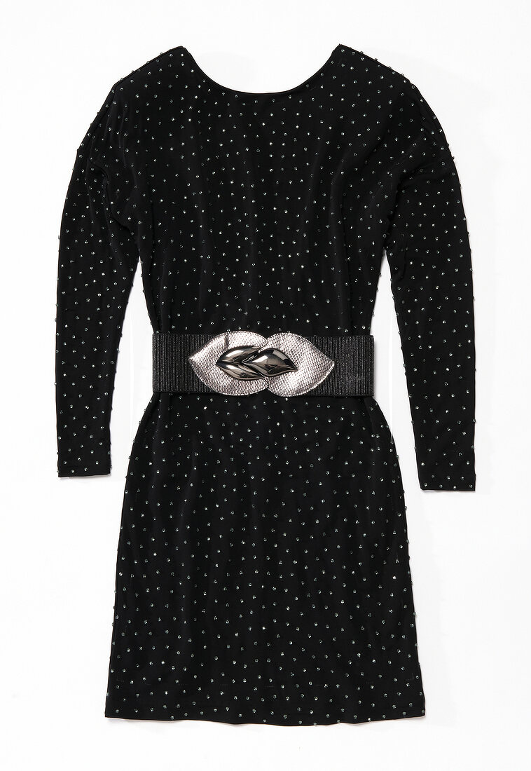 Black stretch dress with waist belt against white background