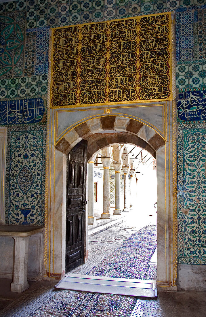 View of entrance and colourful tiles at Topkapi palace, Istanbul, Turkey
