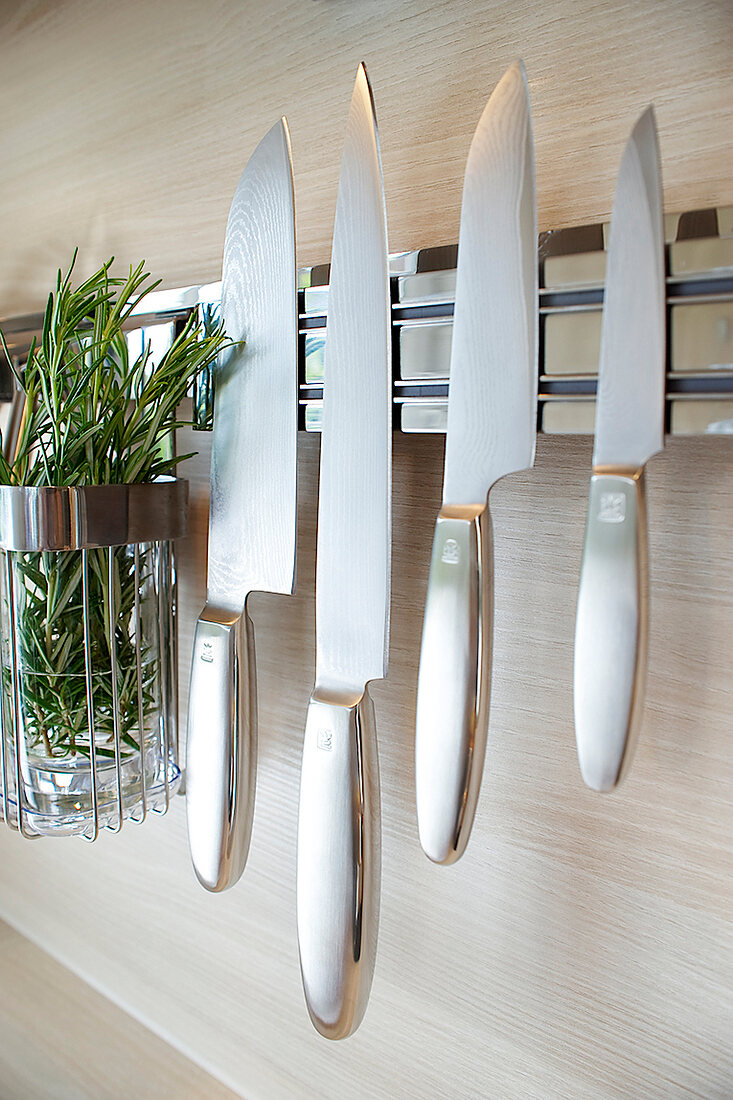 Close-up of knives and grass in glass pot with metal rim stuck on magnetic strip