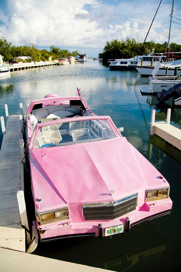 Pink Cadillac' boat moored at harbour in Islamorada, Florida, USA