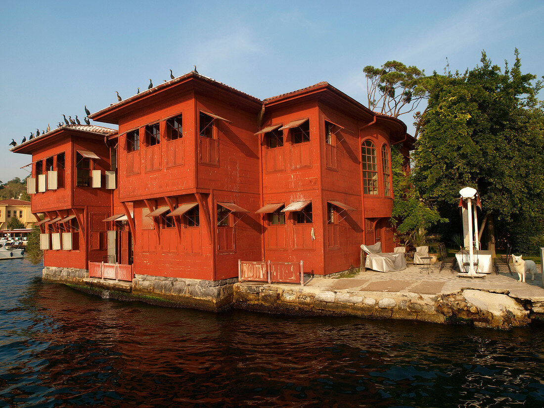 Wooden red villa on Bosphorus shore, Istanbul, Turkey