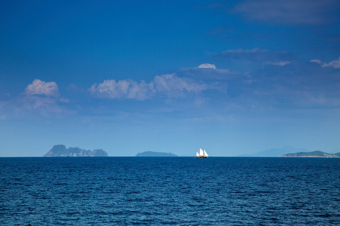View of Andaman Sea and sailboat, Thailand