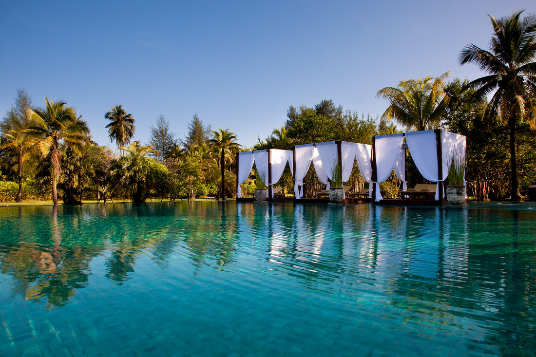 Wide view of canopy pool area at luxury hotel in Khao Lak Sarojin, Thailand