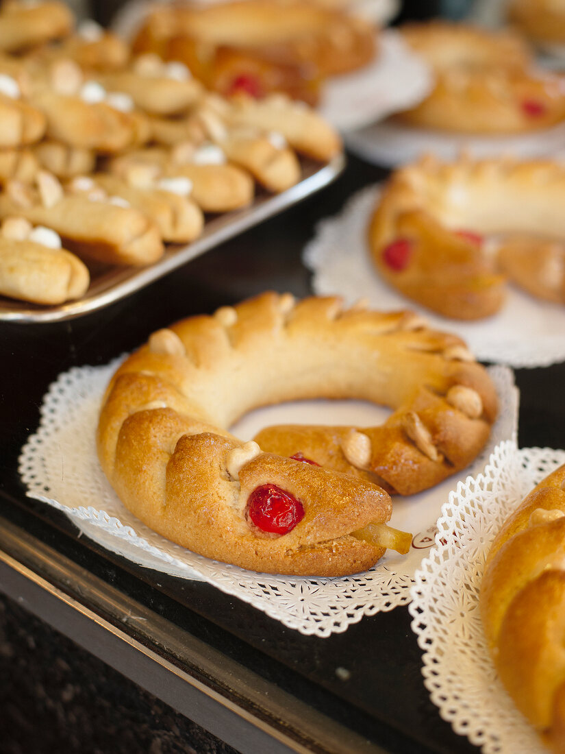 Close-up of almond wreaths from Cafe Sandri in Perugia, Umbria, Italy
