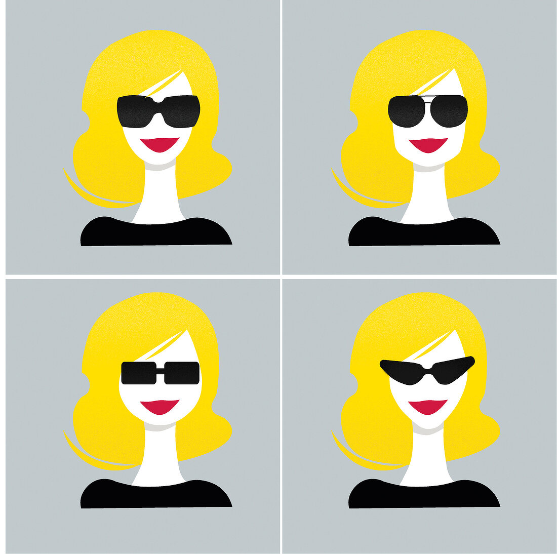 Illustration of woman wearing different types of sunglasses, multiple image