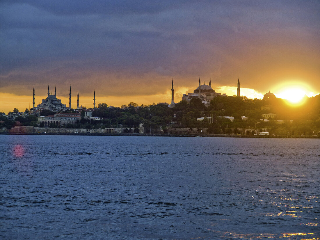 View of cityscape and mosques at sunset, Istanbul, Turkey