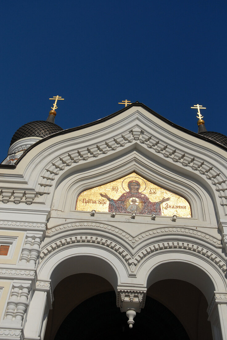 Entrance of Tallinn Alexander Nevsky Cathedral in Estonia, low angle view