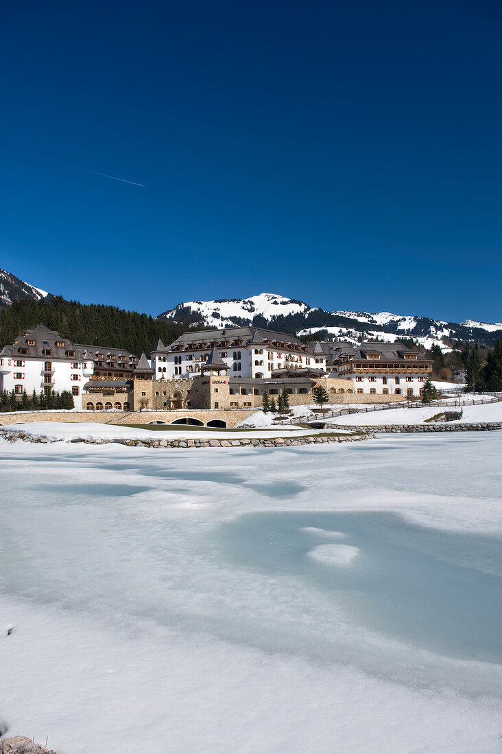 View of winter landscape of Hotel A-Rosa Grand Spa Resort, Kitzbuhel, Tyrol, Austria