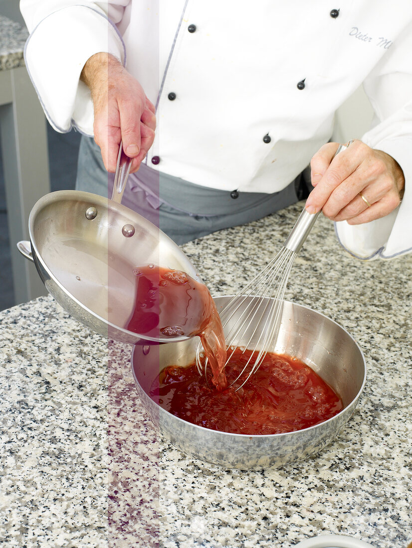 Adding mixture to chopped red bell pepper and raspberries in saucepan