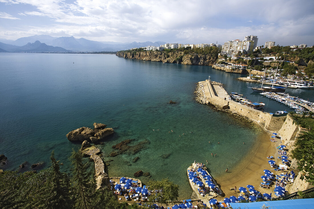 Elevated view of ocean, city and harbour in Antalya, Turkey