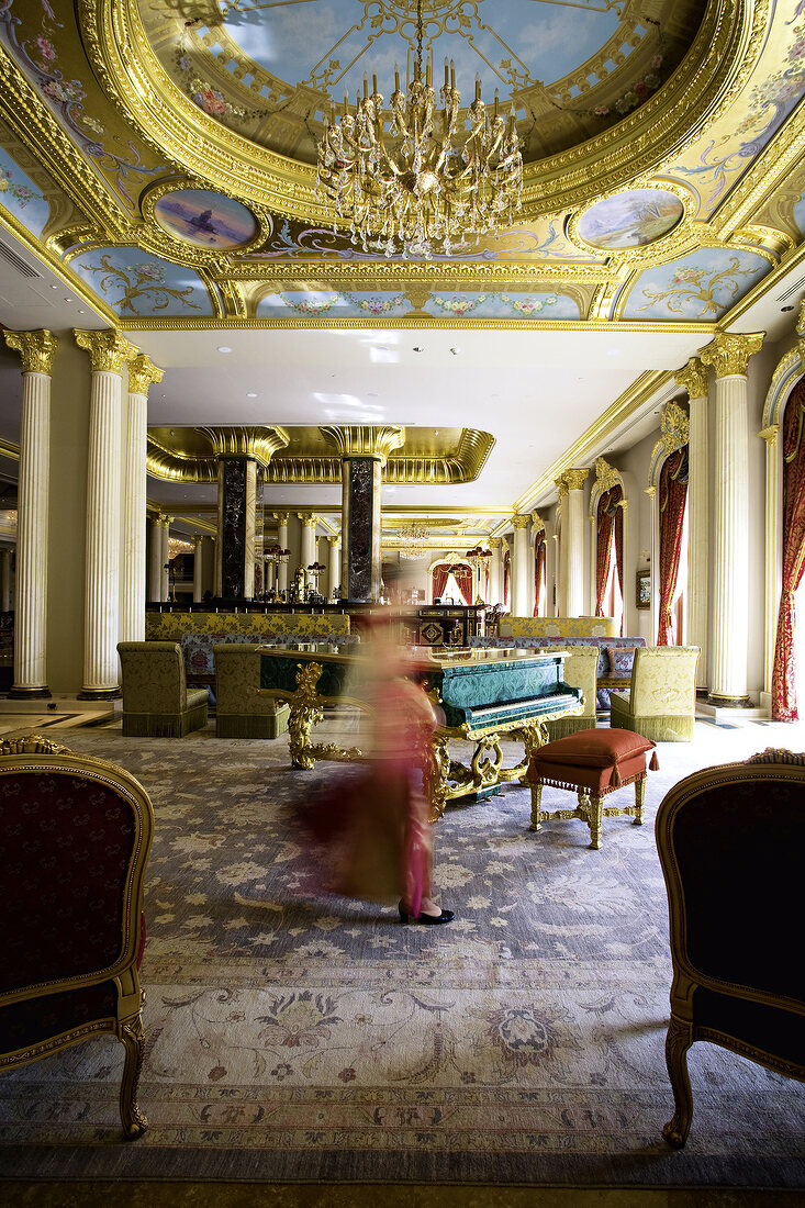 Lobby of luxury Hotel Mardan Palace, Antalya, Turkey, blurred motion