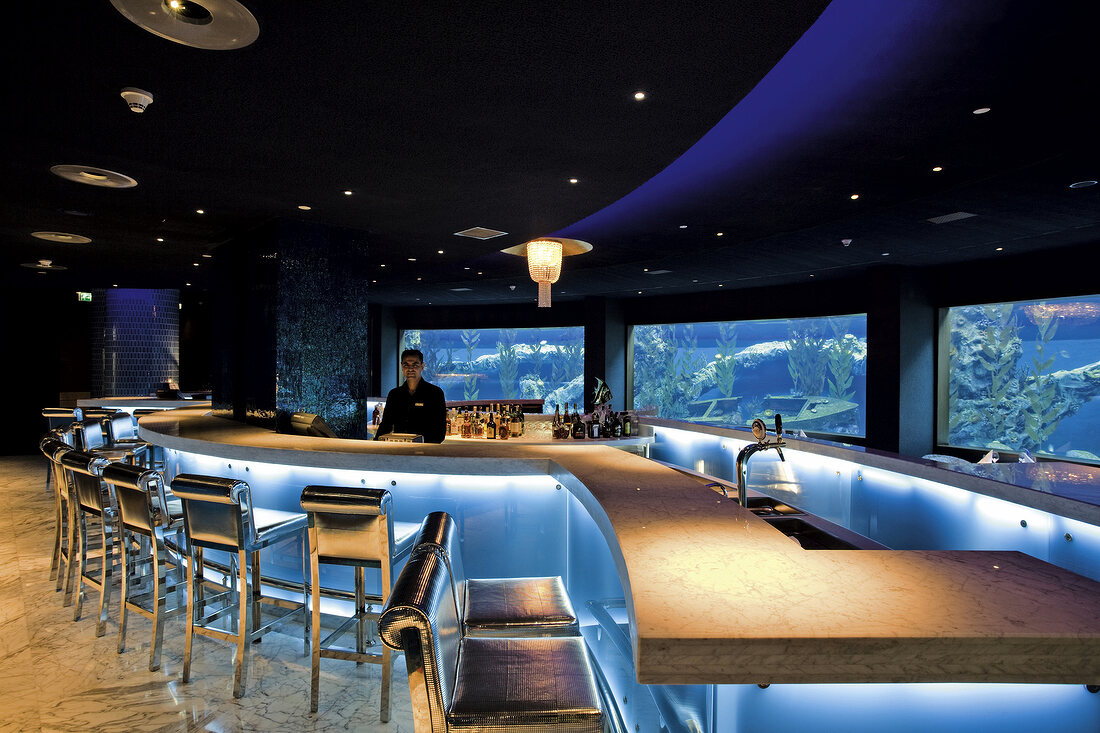 View of bar counter at underwater restaurant Hotel Mardan Palace in Antalya, Turkey