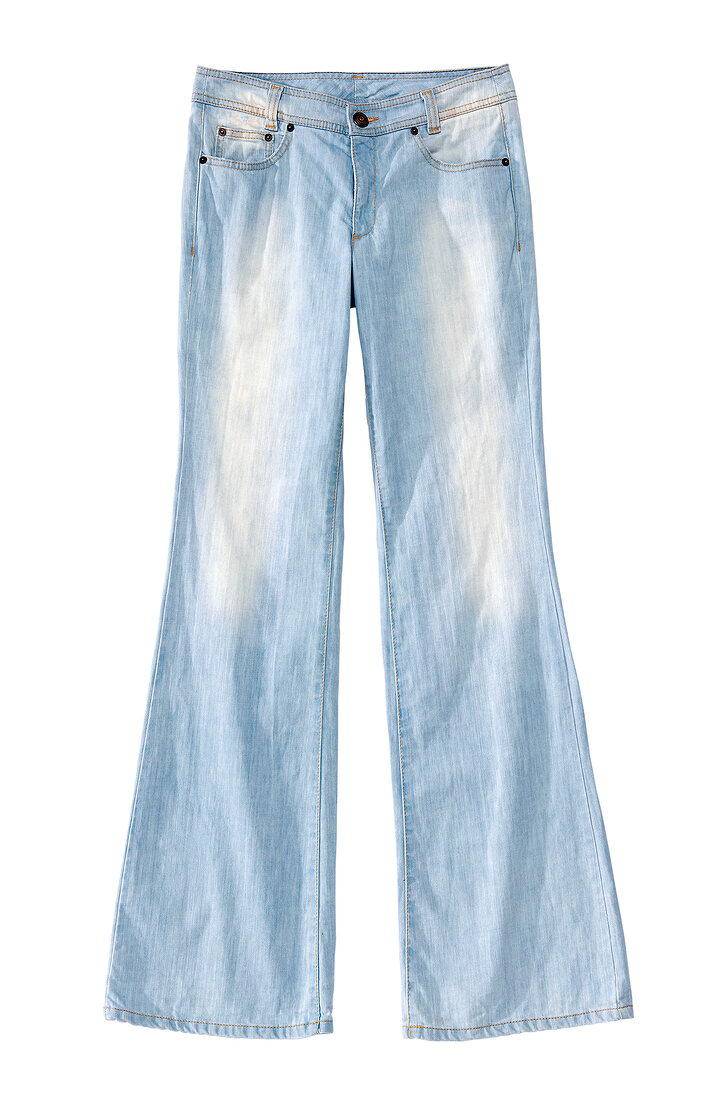 Light blue bell bottom jeans on white background