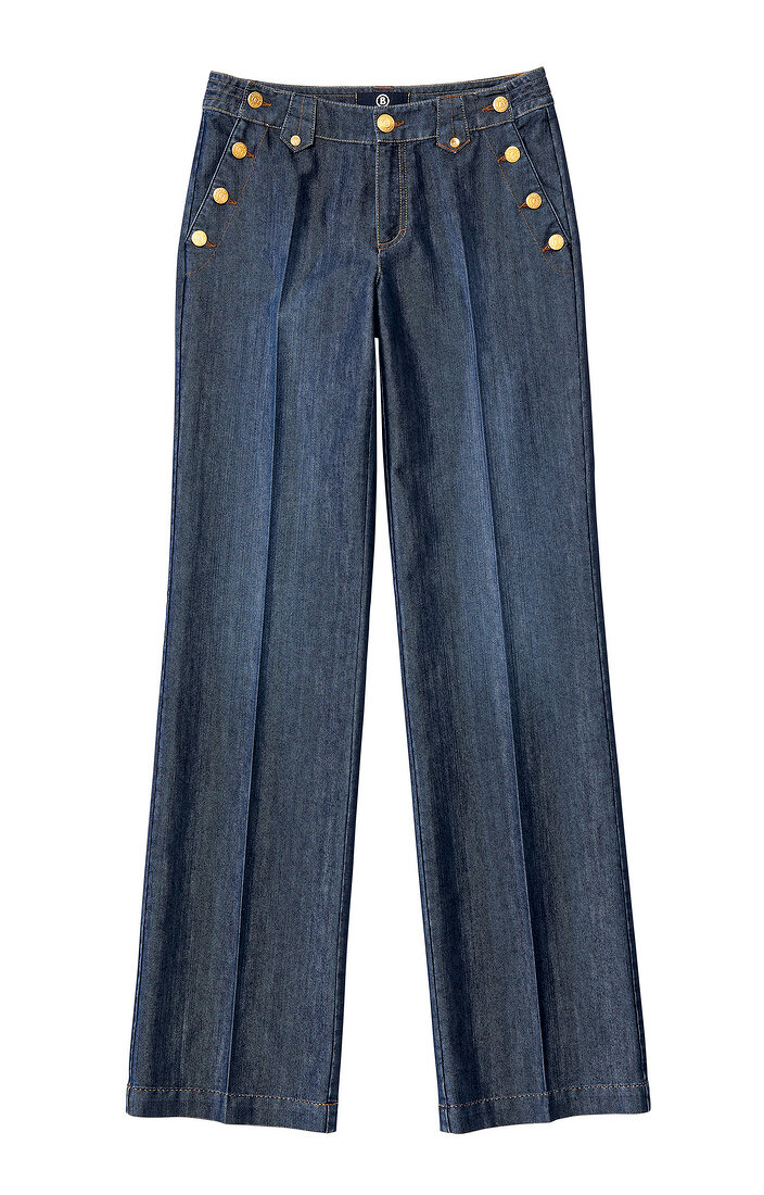 Dark blue bell bottom jeans with golden button on pocket against white background