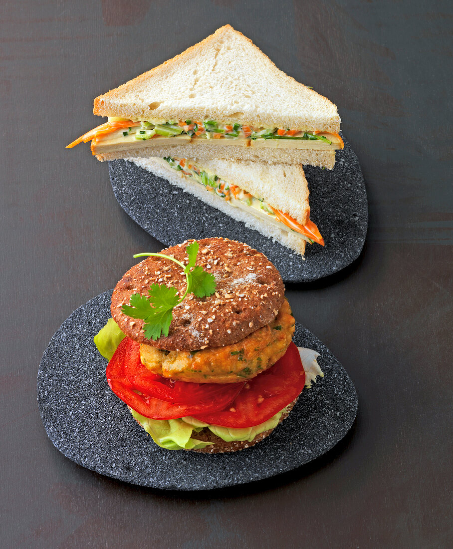 Smoked tofu sandwiches and burgers on plate