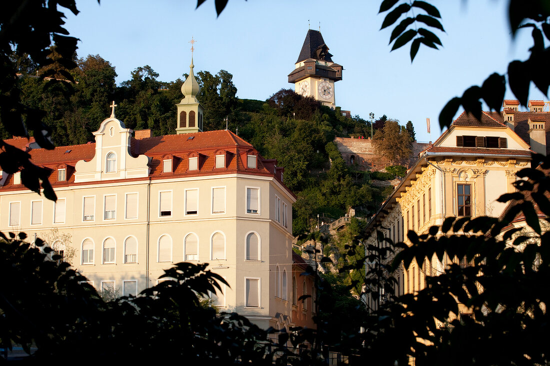 View of Graz clock tower and building in Styria, Austria