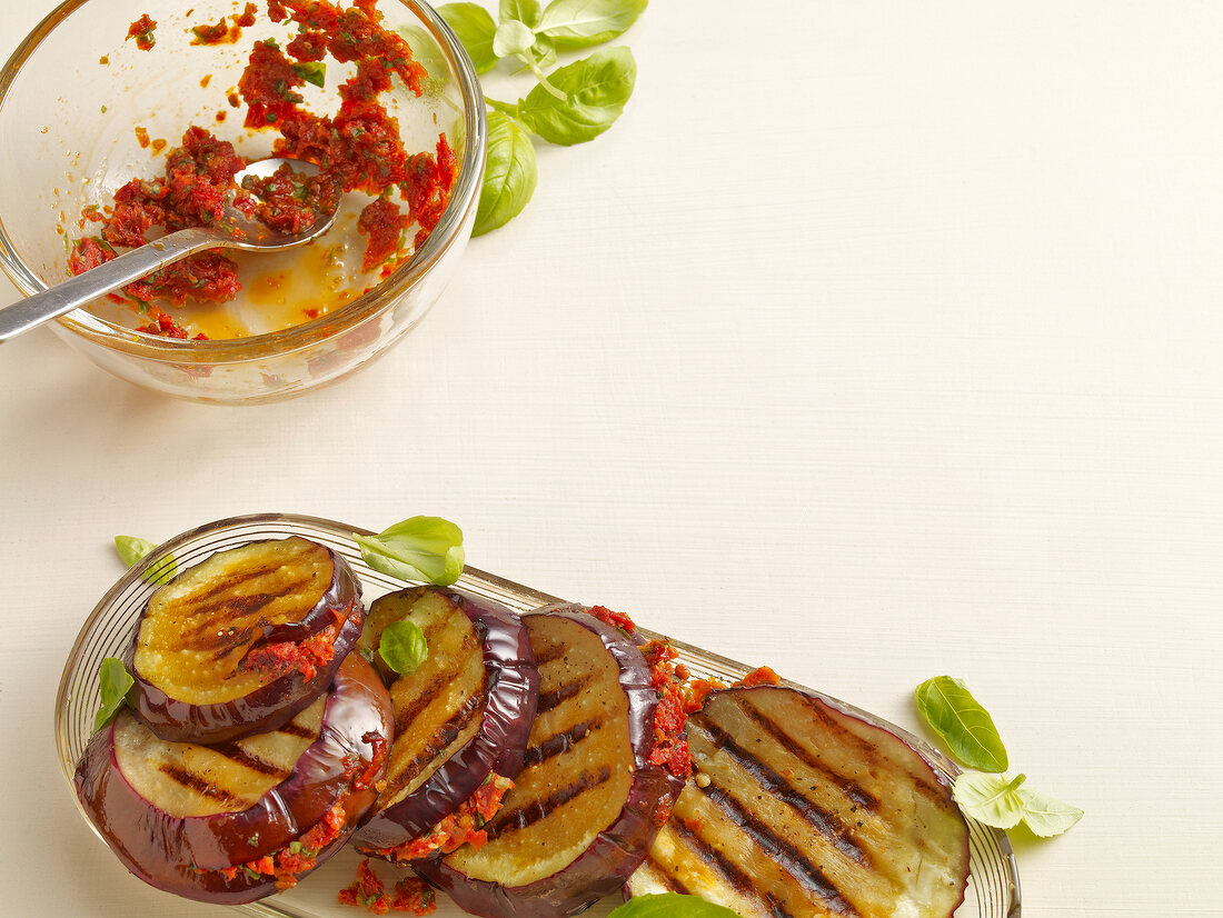 Grilled eggplant on serving dish