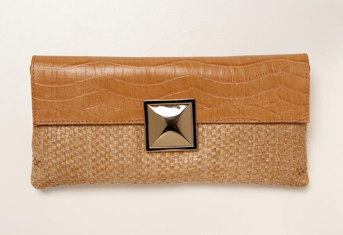 Close-up of brown croco leather clutch on white background