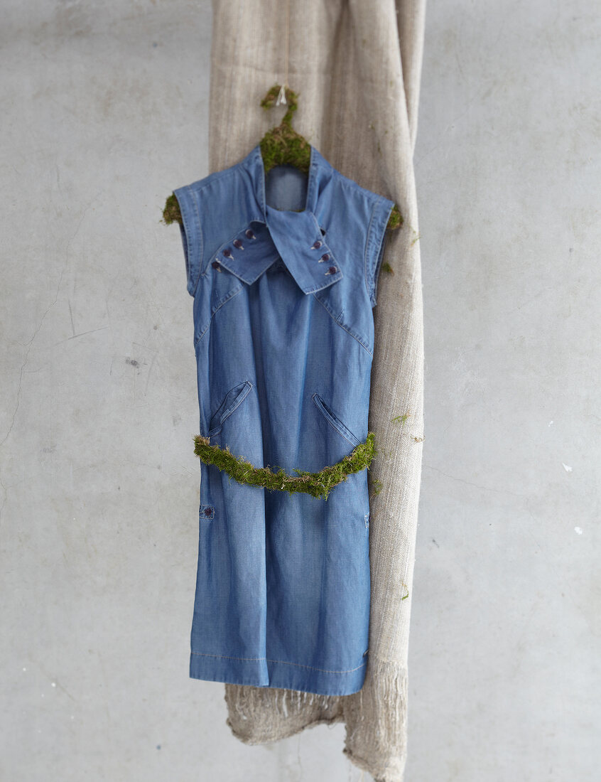 Denim dress with moss hanging on hanger