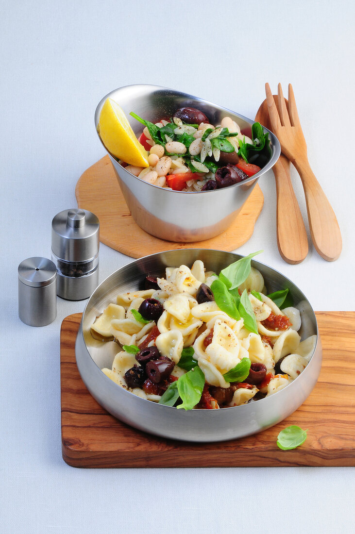 Orecchiette salad and beans salad in serving dish