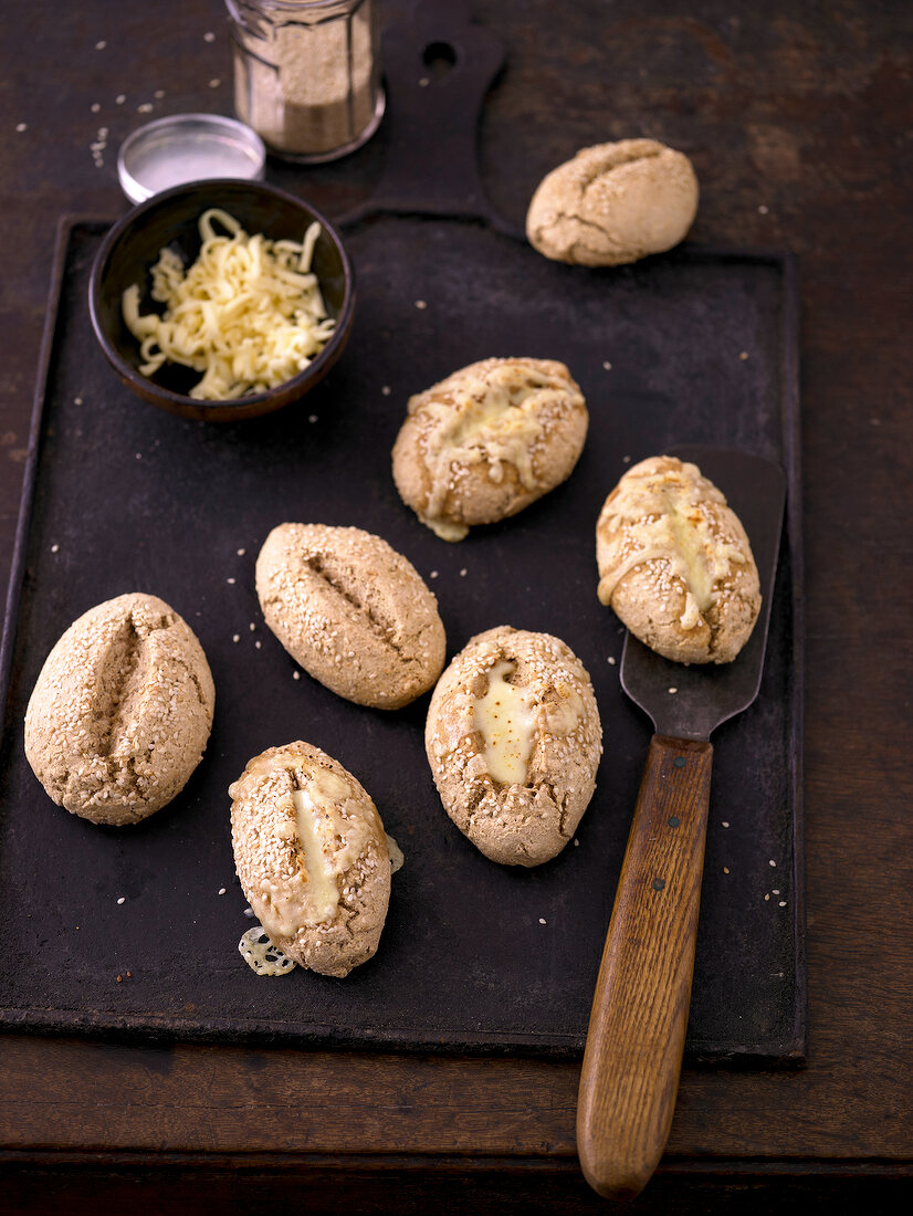 Baked potato bun on tray