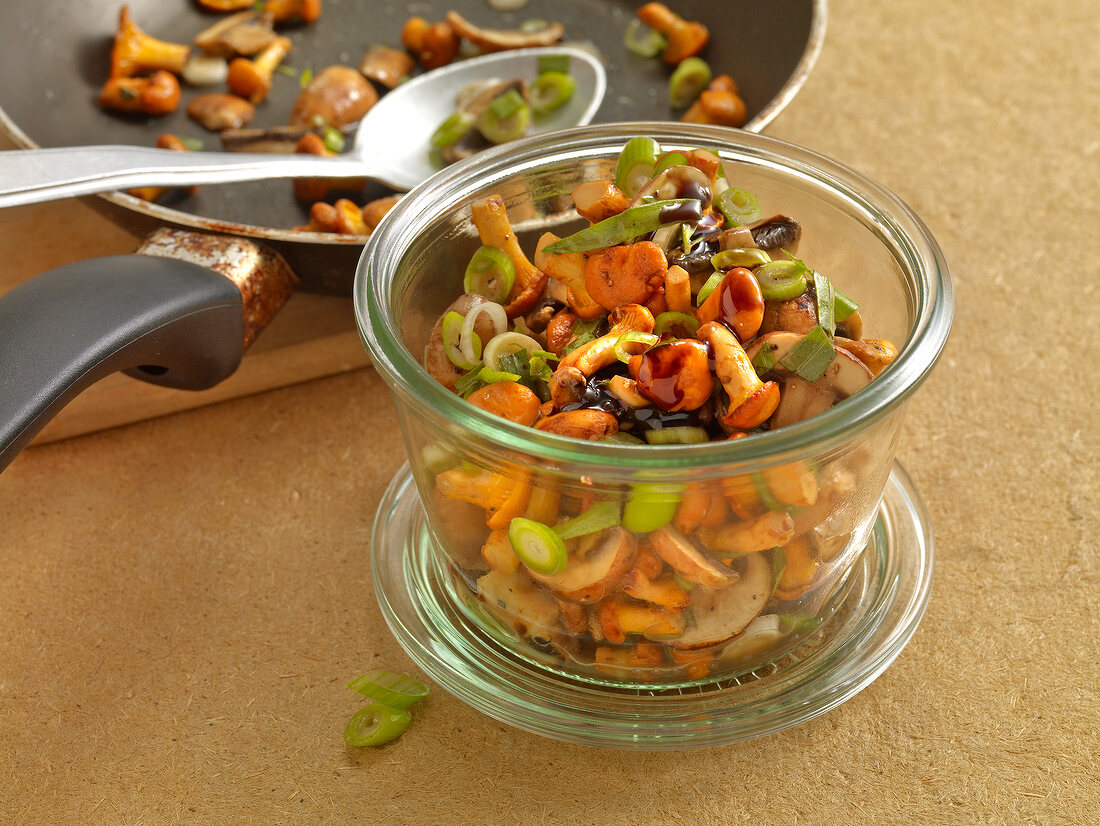 Mushroom Salad with pumpkin seed dressing in bowl