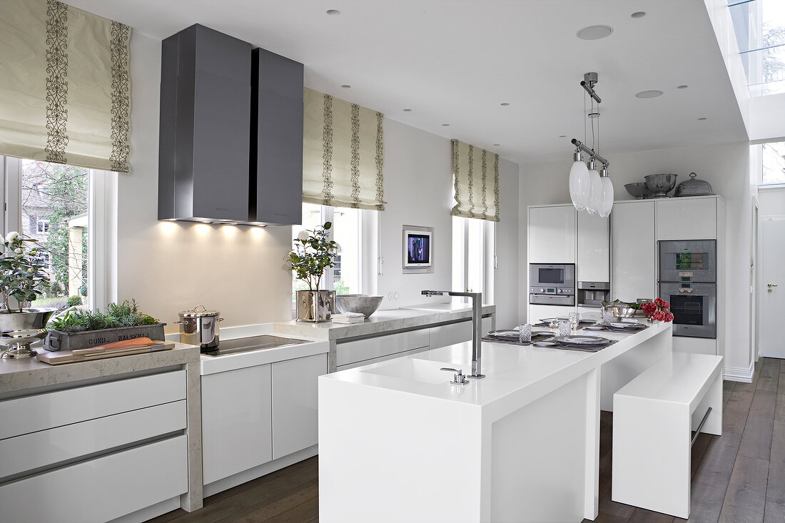 Interiors of kitchen in white with working area