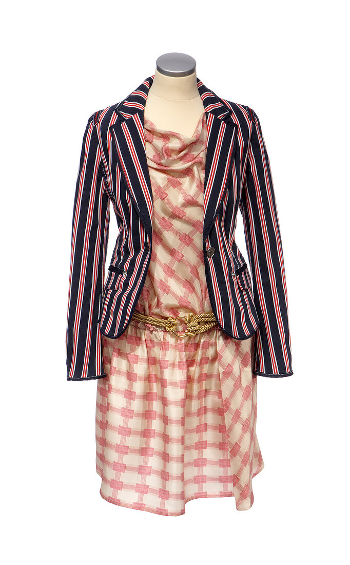 Striped blazer, checked dress with drawstring belt and leather clasp on white background