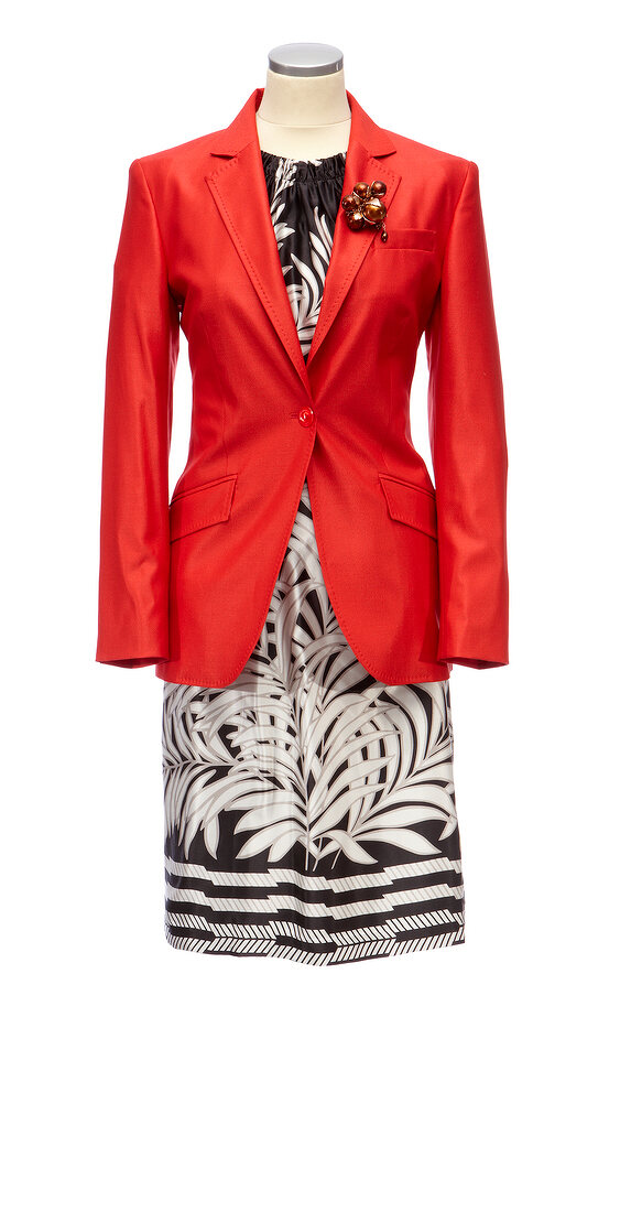 Red Blazer with sheath dress in printed silk blends and brooch on white background