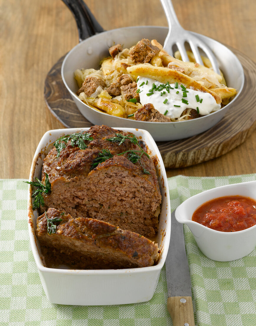 Meatloaf in casserole and Schupfnudelpfanne in pan