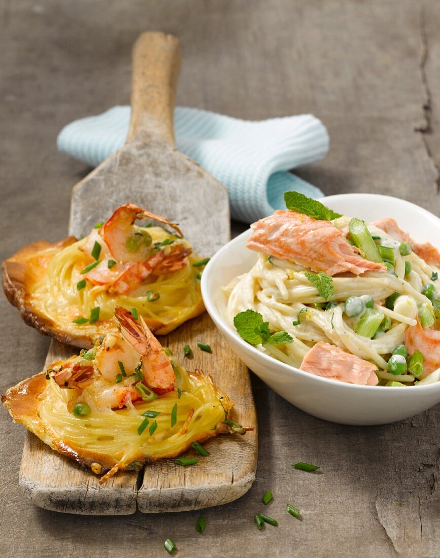Spaghetti nests with prawns, and pasta with salmon
