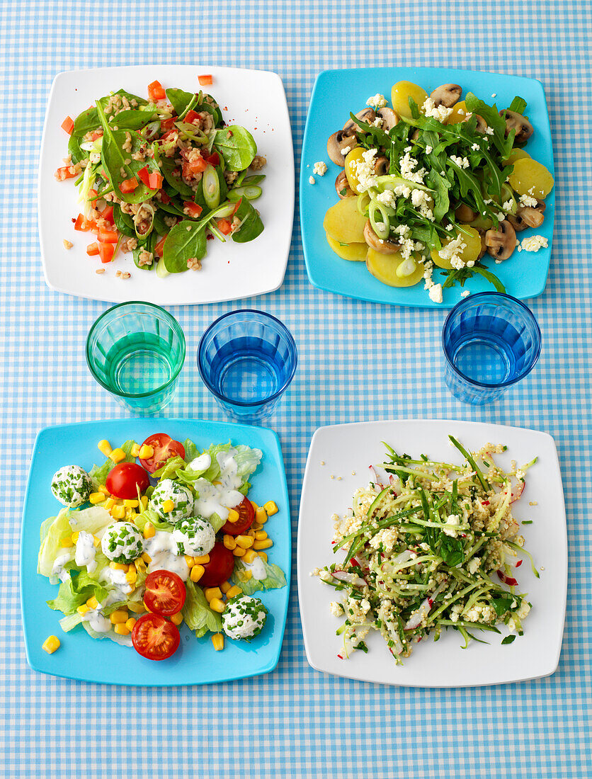 Kochbuch für Kinder, Vier Salatvarianten auf Tellern