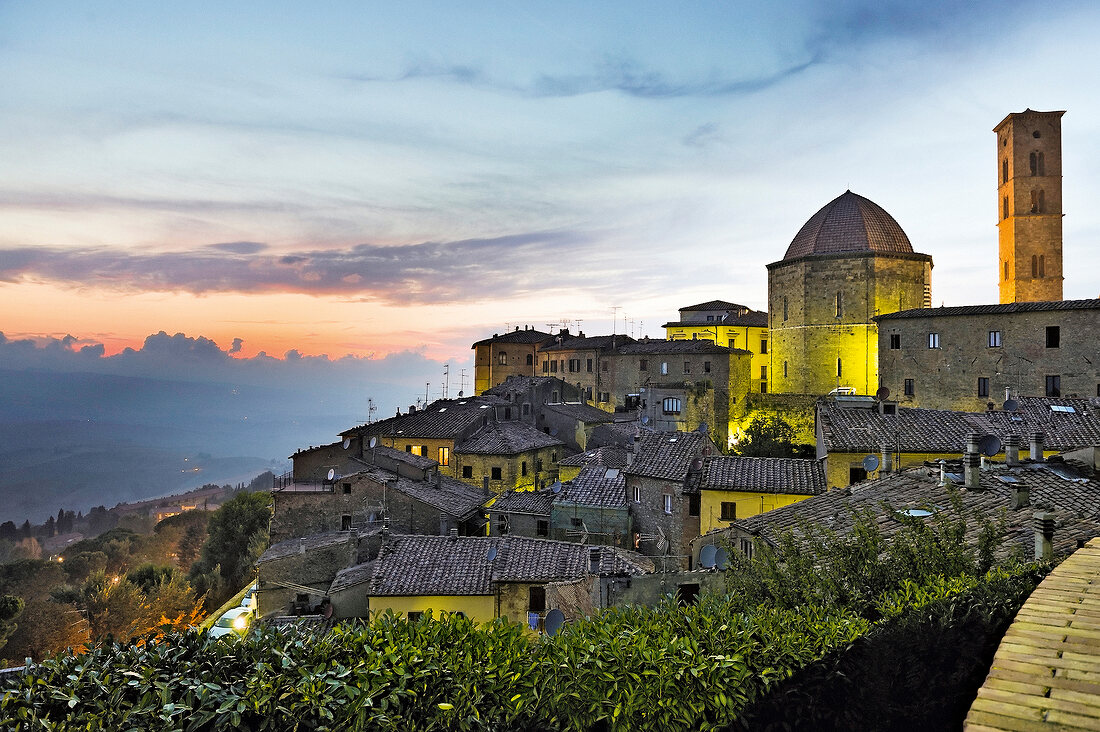 View of old town with Campanile and Baptistery in Volterra, Tuscany, Italy
