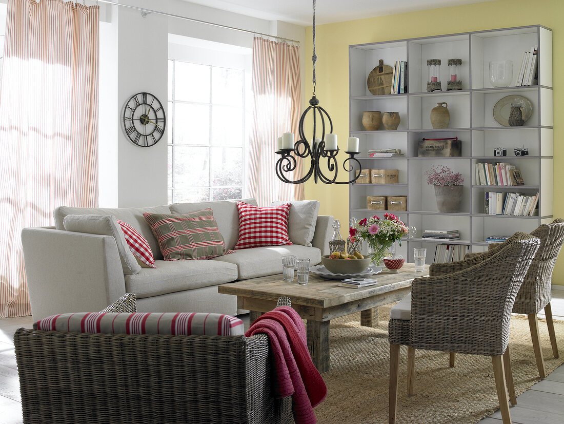 Country style living room with wicker and wood furniture