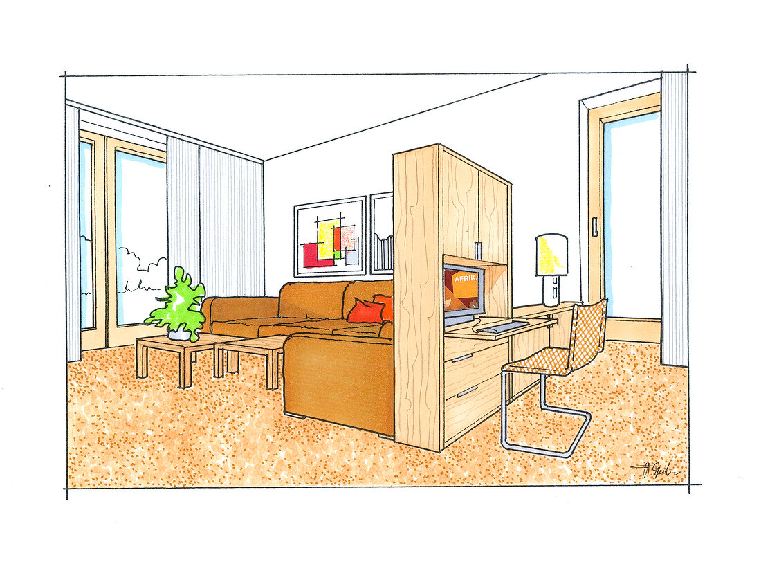 Illustration of living room with sofa, room divider and corner sofa