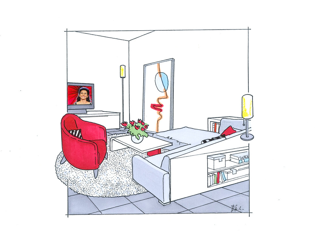 Wohnzimmer, Platzierung des Sofas, Couch mit Stauraum, Illustration