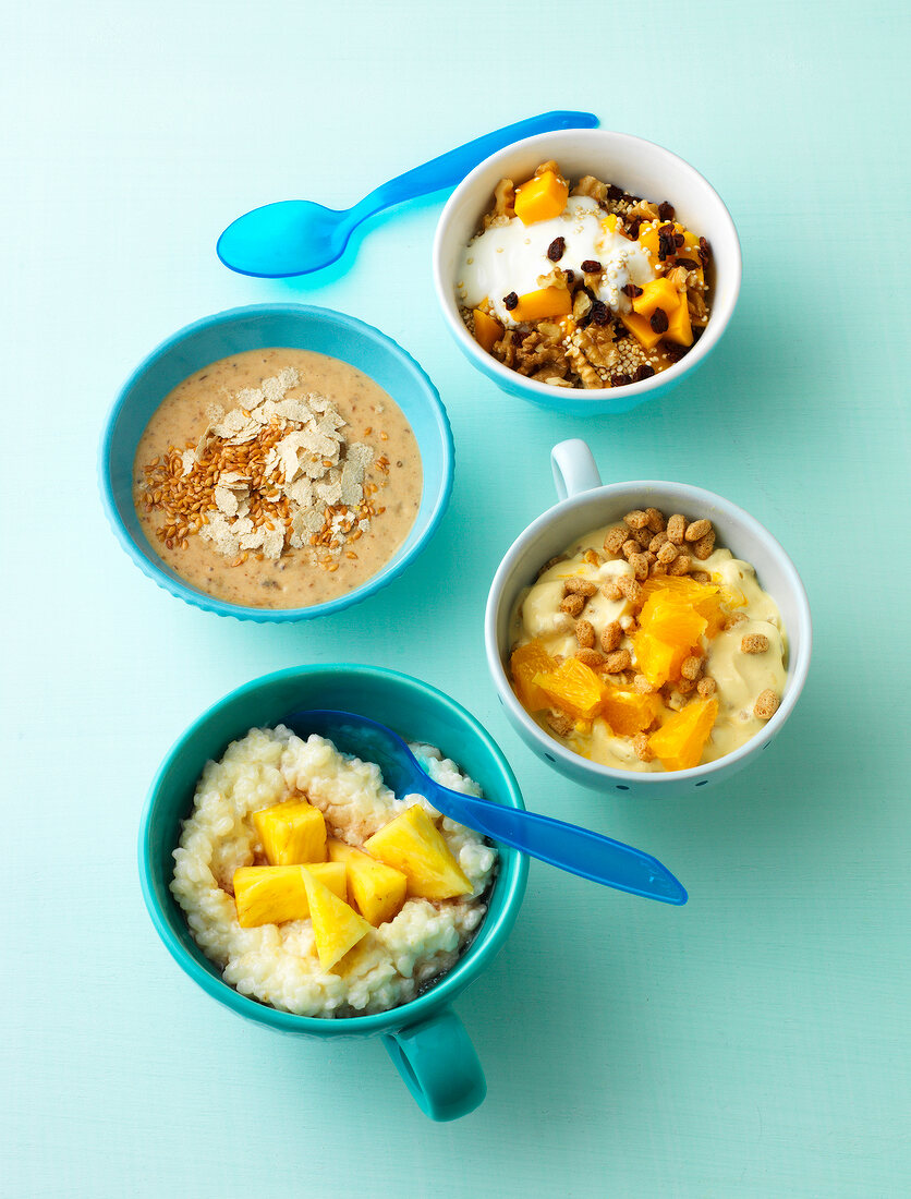 Various cereal dishes in bowls