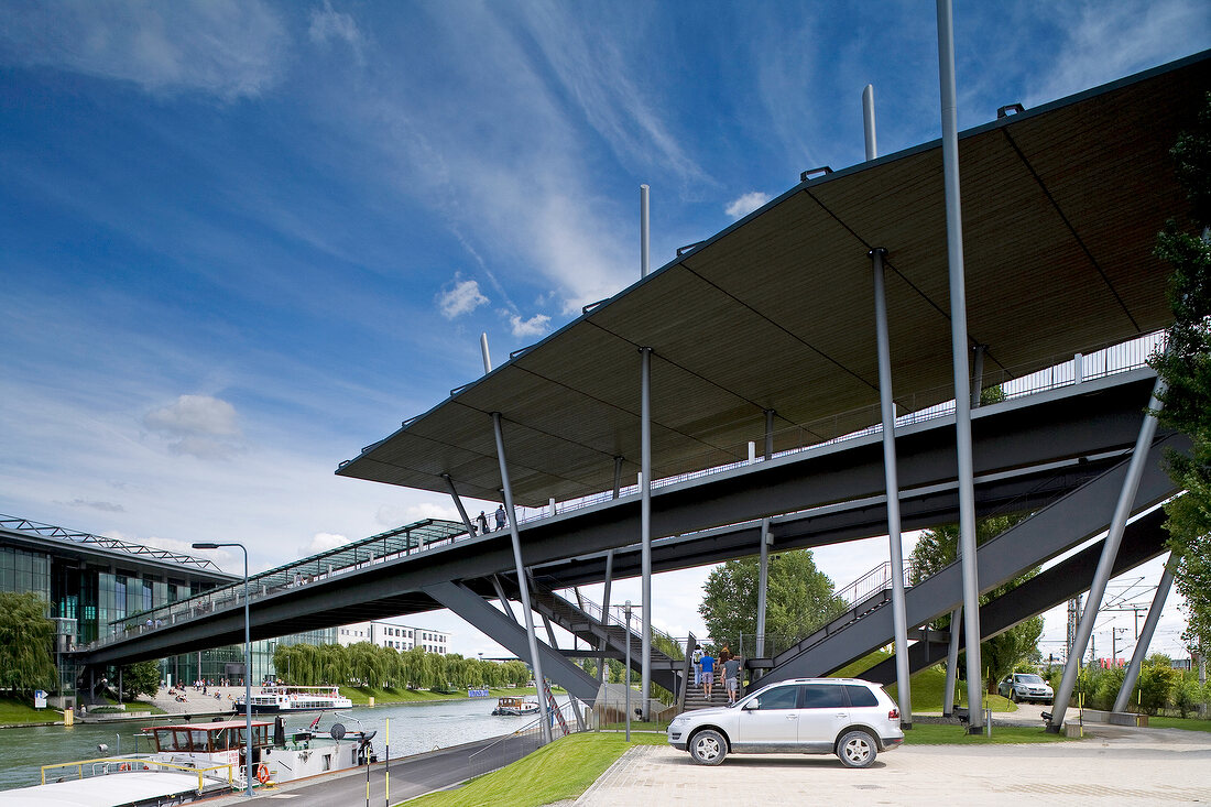 View of the town bridge over Midland Canal, Autostadt, Wolfsburg, Germany