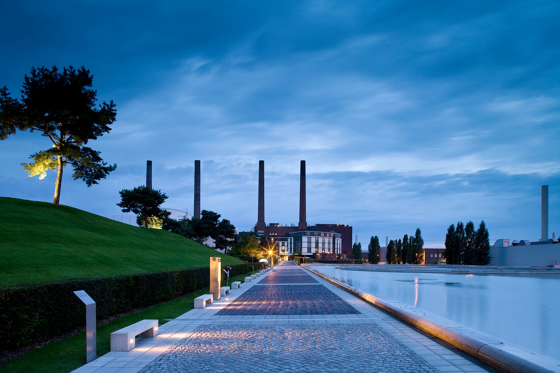 View of luxury hotel The Ritz-Carlton at night, Wolfsburg, Germany