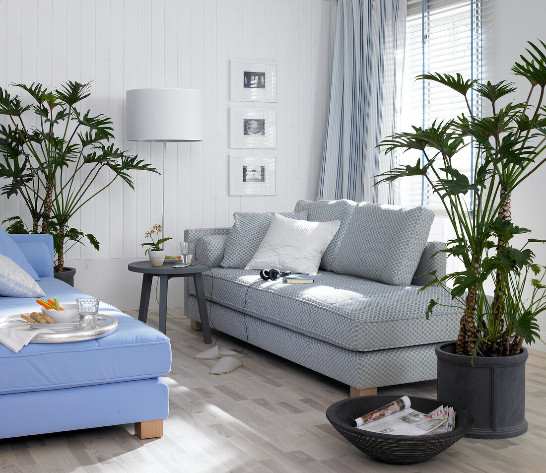 Wohnzimmer, zwei Recamieren, Wand- paneele in Weiß, Grünpflanzen