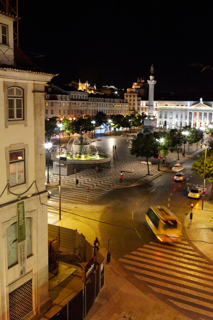 Elevated view of Rossio Parade Square in Lisbon at night, Portugal