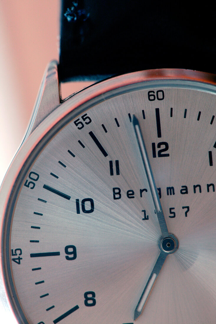 Close-up of bergamann watch with black strap