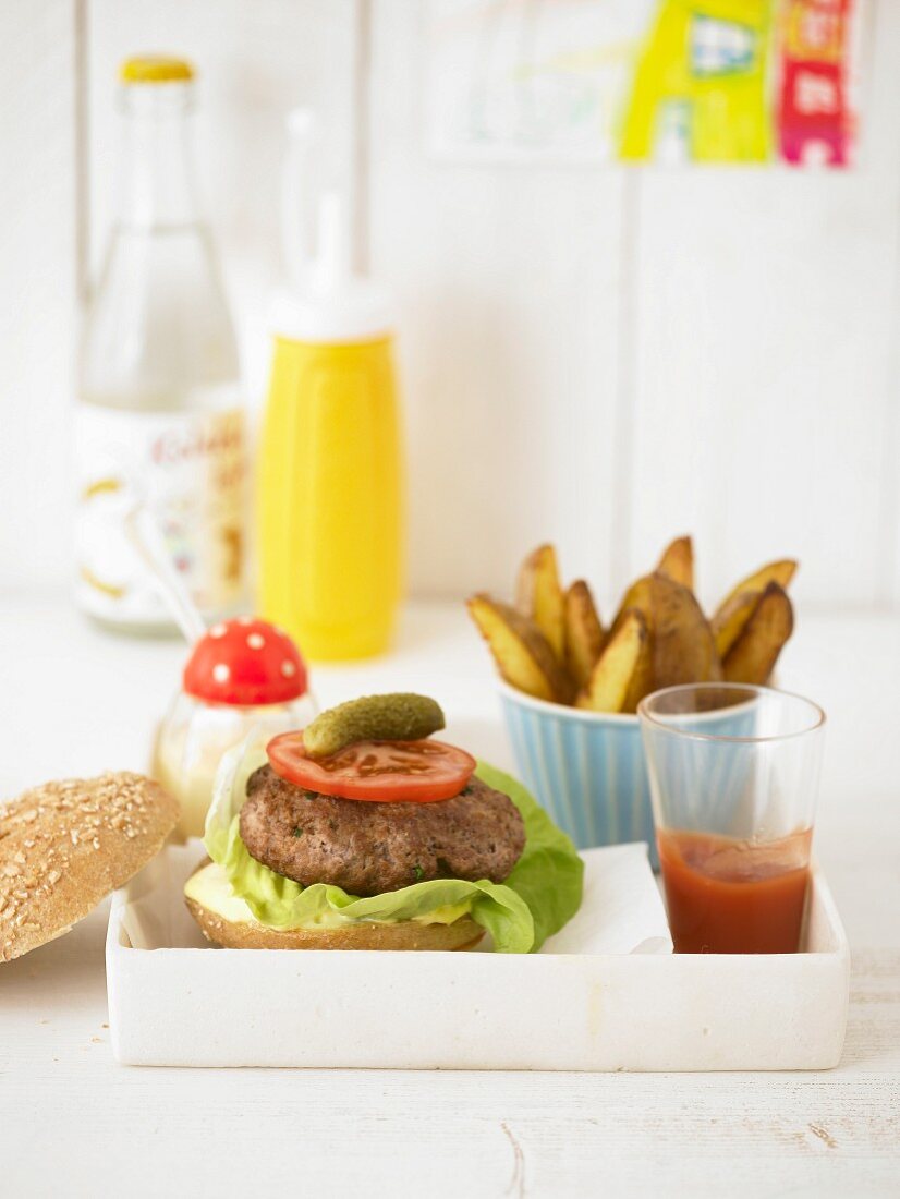 A wholemeal burger with potato wedges