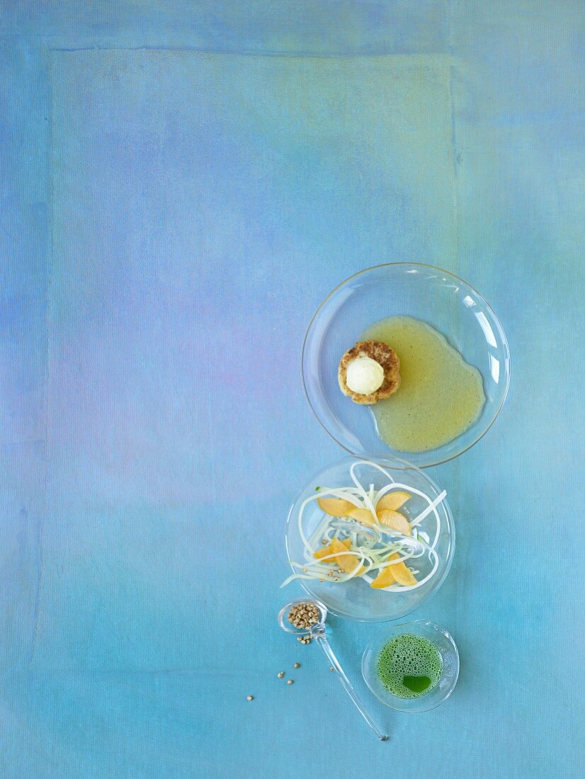 Apricot infusion, dandelion flower sorbet, almond blini and kasha