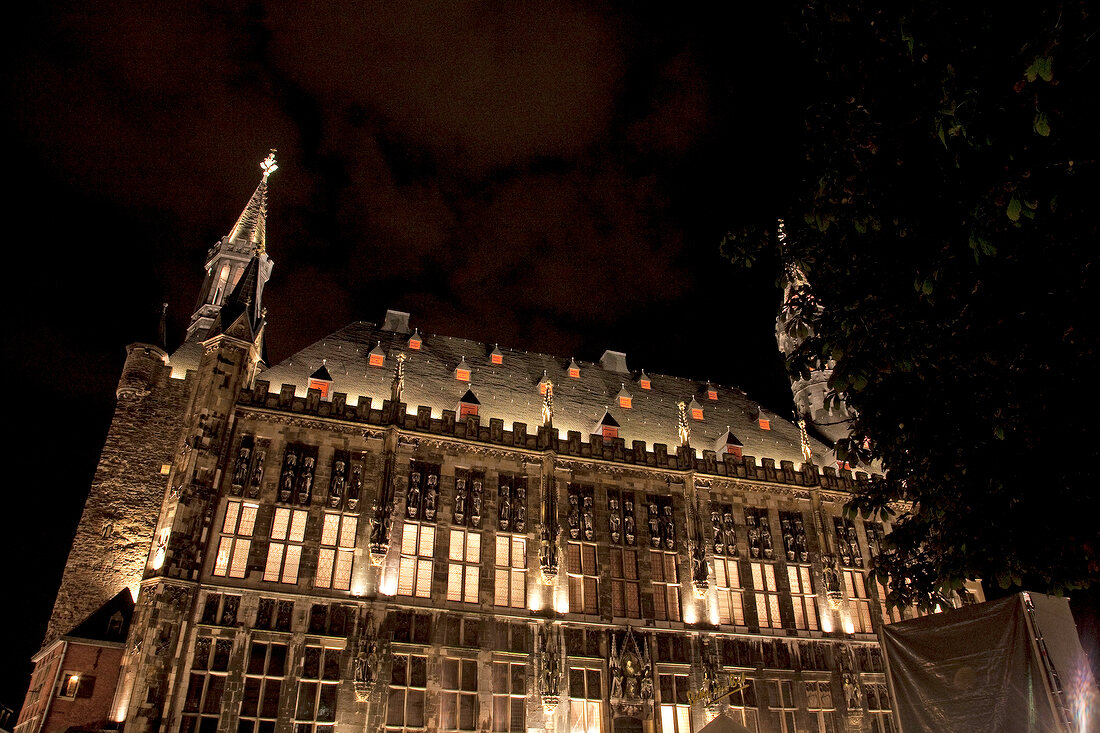View of illuminated city hall at night at Aachen, Germany