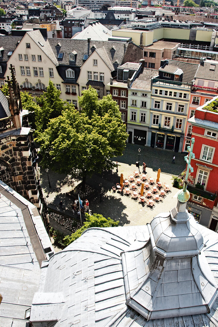 View of the cathedral, town, houses and Cathedral Square from the tower, Aachen, Germany