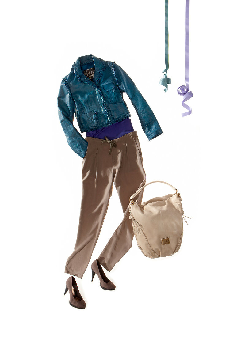 Teal colour short leather jacket with ruffles, cotton trousers and pumps