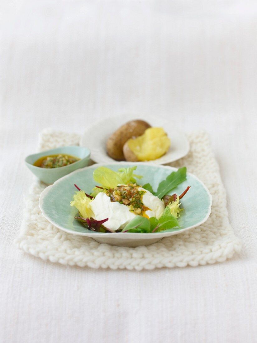 Petits Suisse cheese with walnut pesto in serving bowl